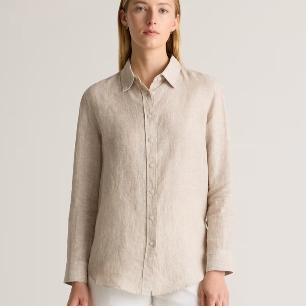 Quince Khaki Black Gingham 100% European Linen Women's Long Sleeve Shirt - Picture 2 of 2
